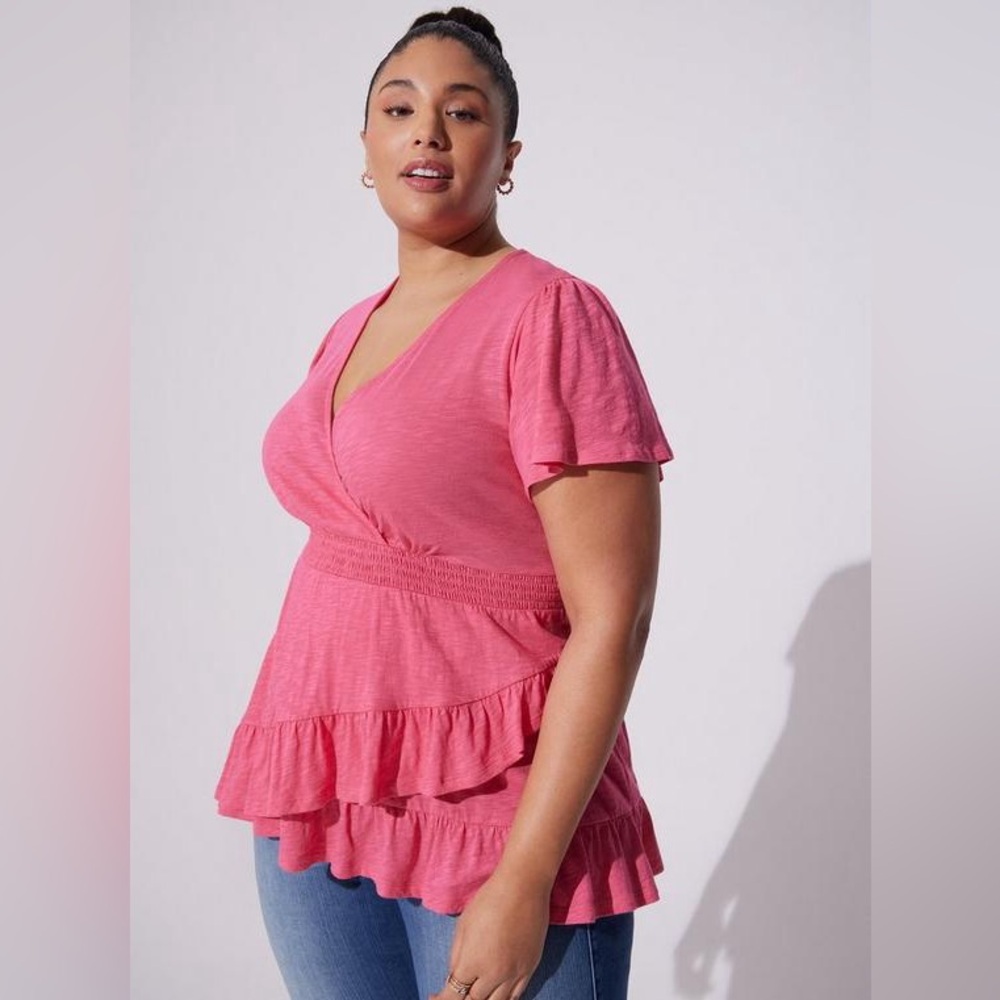 1 XL Torrid Honeysuckle Pink Cotton Modal Wrap Top Spring Summer V Neck Babydoll